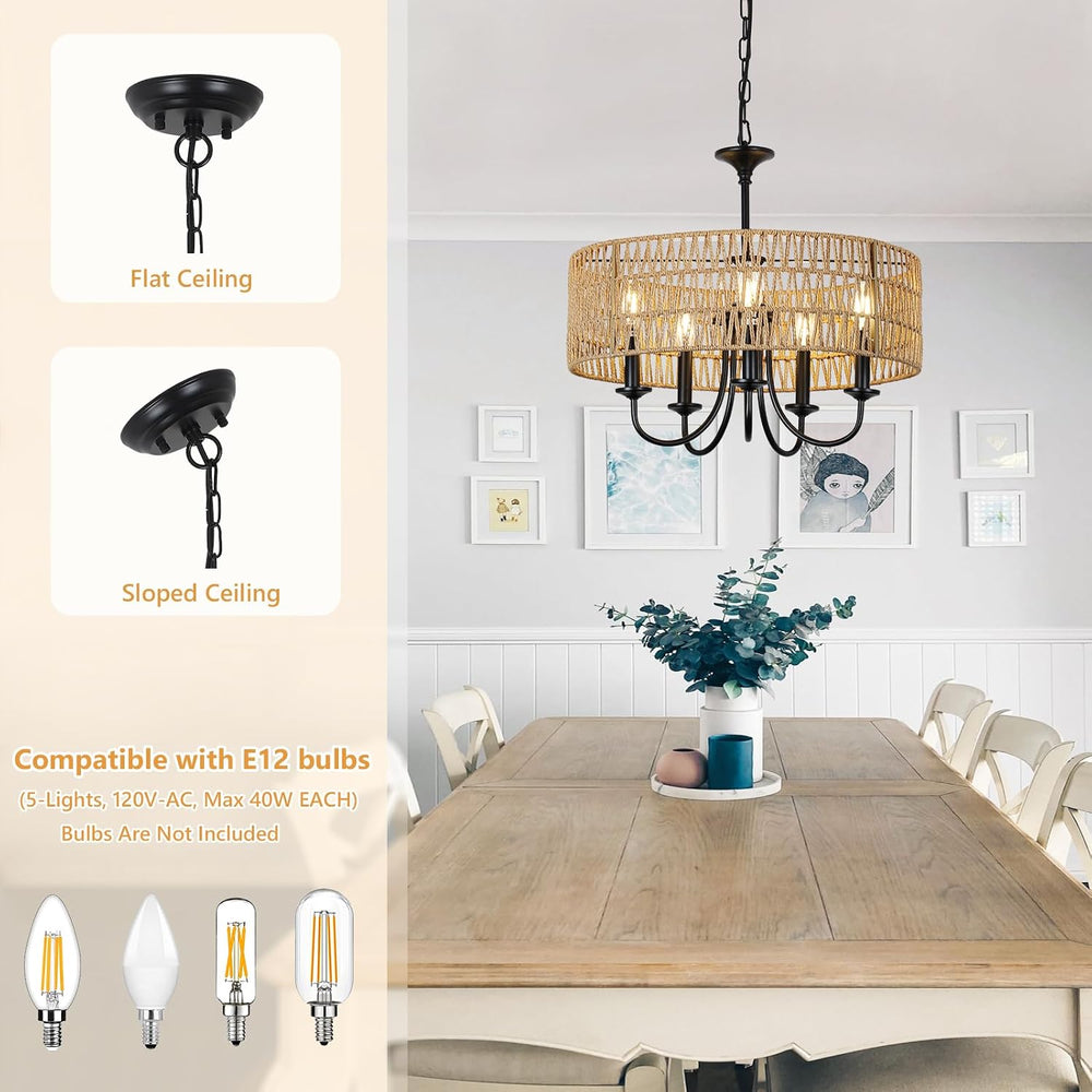 LAMSU Modern Farmhouse Chandelier Light Fixtures, 5-Lights Large Rattan Penda...