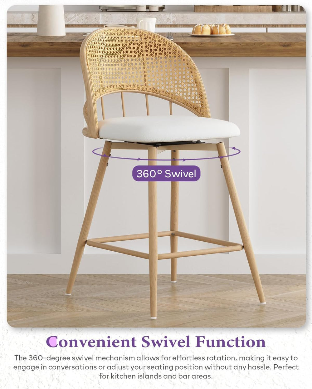 26'' Bar Stools Set of 2, Rattan Counter Height Swivel Stools for Kit...