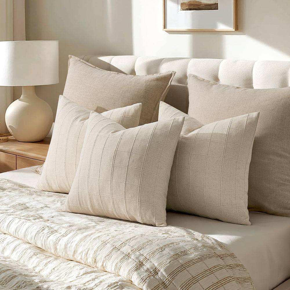 Set of 2 Linen Plaid Throw Pillow Covers 22x22 Inch, Beige