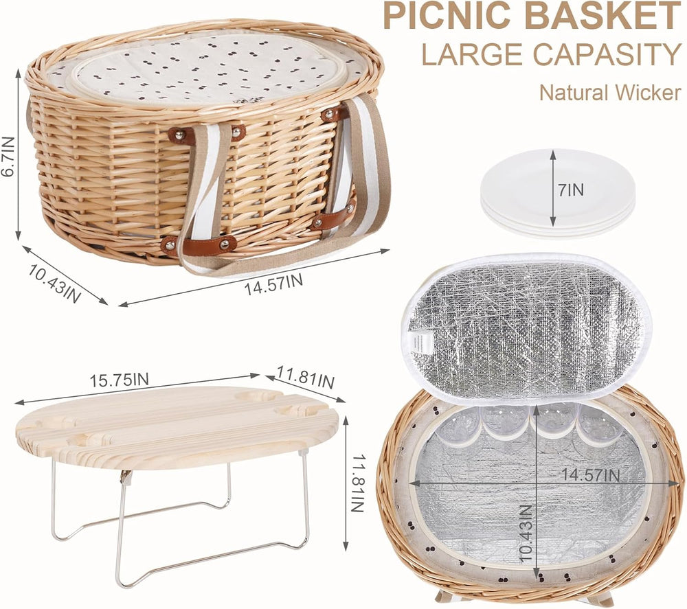 Picnic Basket Set for 4 - Wicker Insulated Picnic Basket