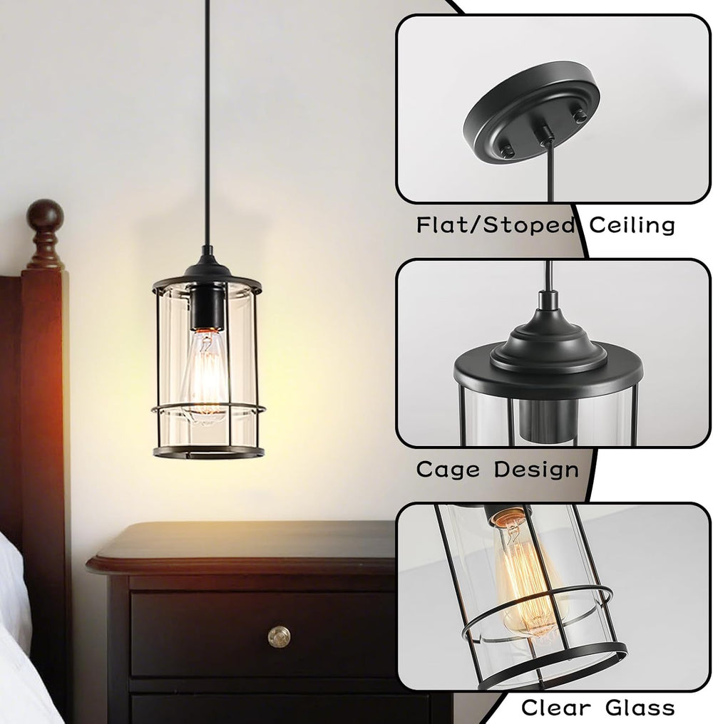 AKEZON Black Pendant Lights Kitchen Island, Farmhouse Cage Glass Light