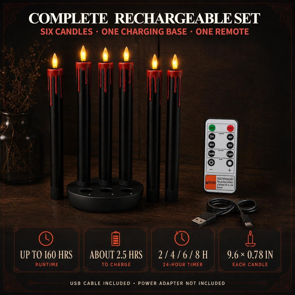 Patiphan Rechargeable Halloween Flameless Taper Candles with Remote, 6 Pcs