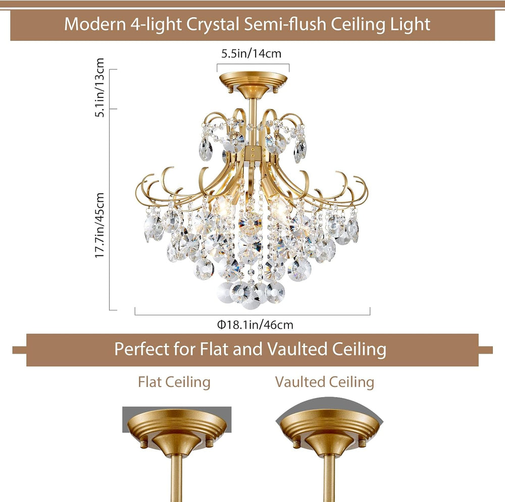 Gold Crystal Chandelier Ceiling Light, Luxury Crystal Semi Flush Mount Ceilin...