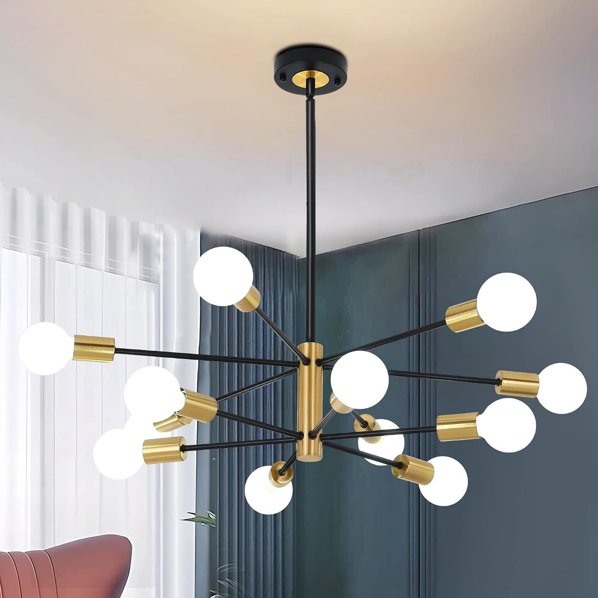 12-light modern sputnik chandelier, mid century black gold, main product view