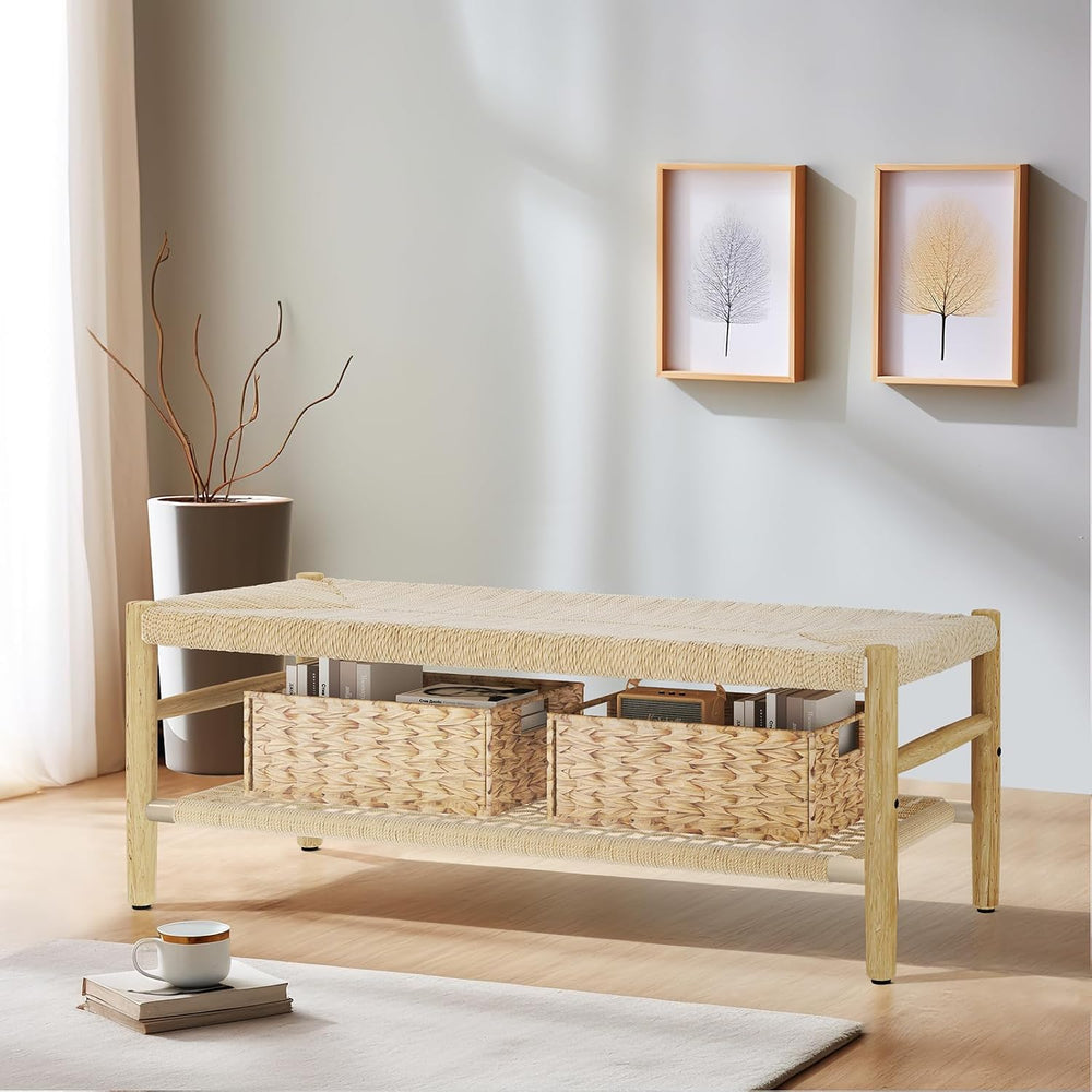 Recaceik Indoor Entryway Bench with Paper Cord Ottoman & Grid Storage Rac...