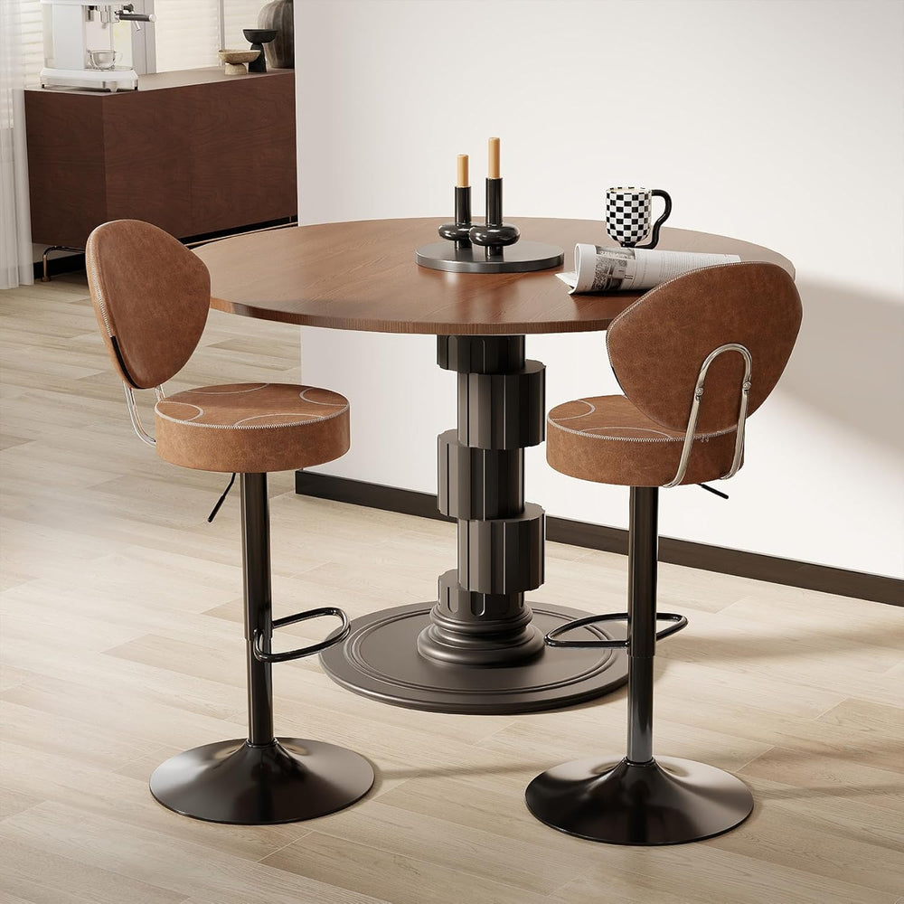 Swivel Bar Stools Set 2, Adjustable Height Suede-Like Leather Brown