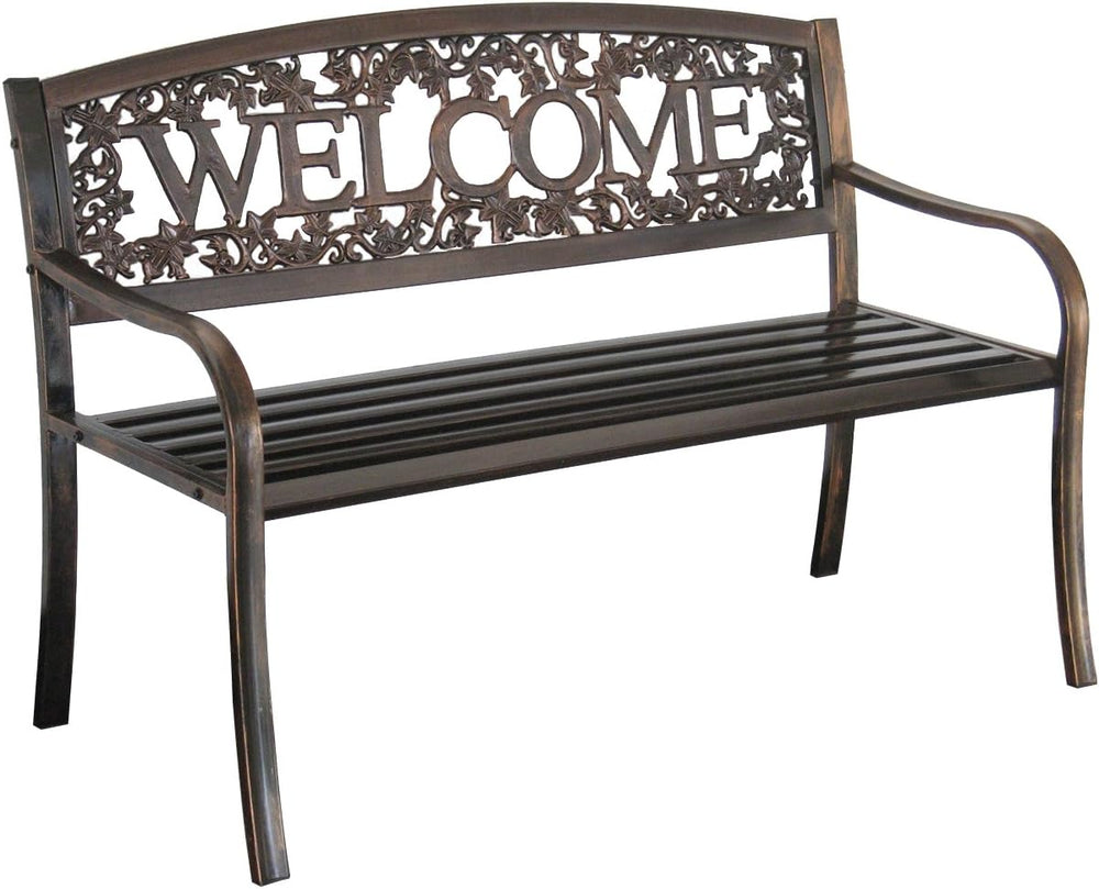 Leigh Country Metal Outdoor Bench, Welcome Design, Decorative Patio Seating f...