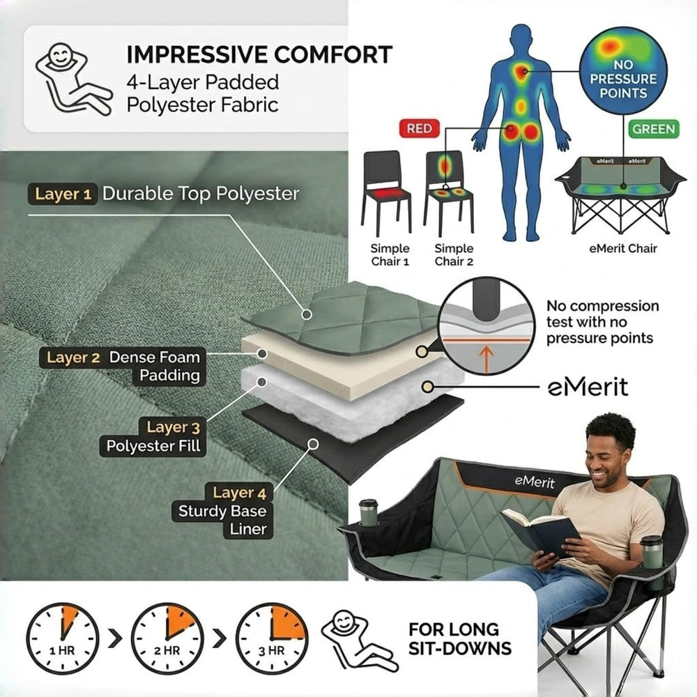 EMERIT 3 Person Camping Chair,900lb Heavy Duty Triple Loveseat Wide Padded Fo...