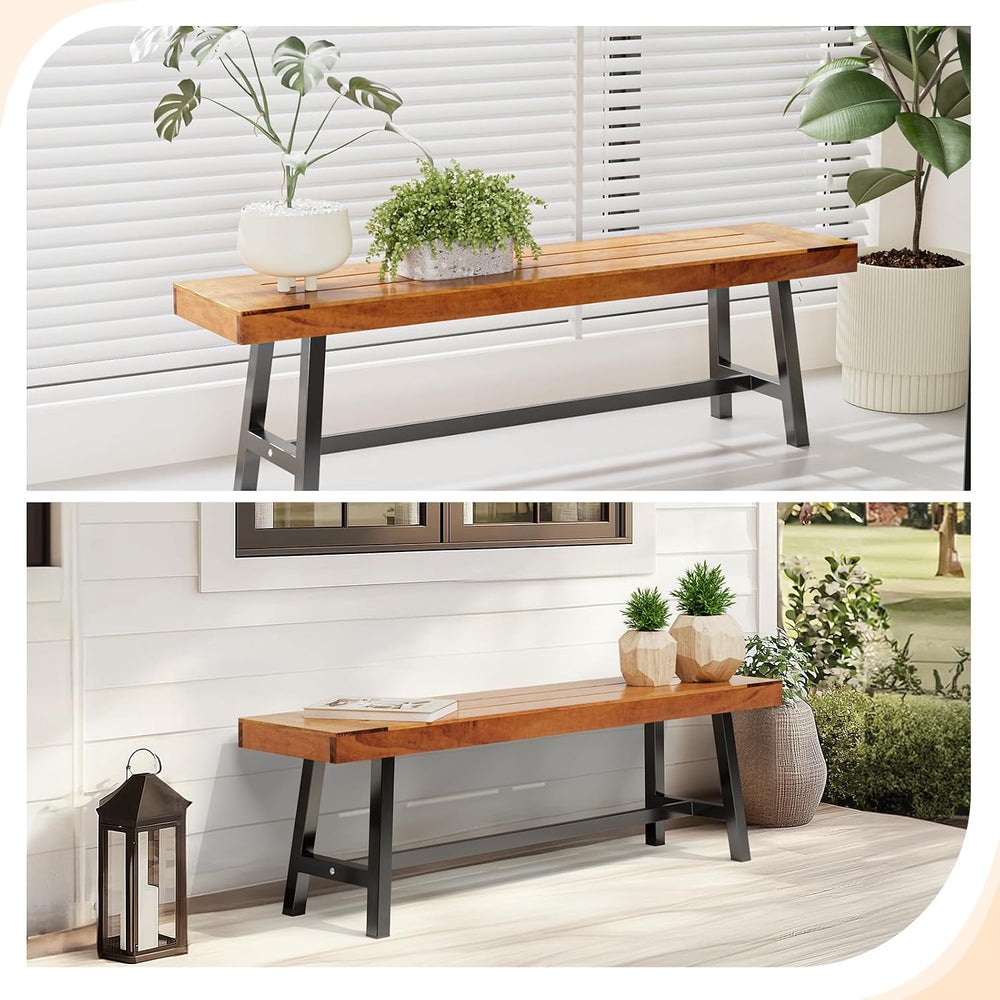 VINGLI Outdoor Bench with Metal Legs Rustic, Wood Dining Bench Indoor Outdoor...