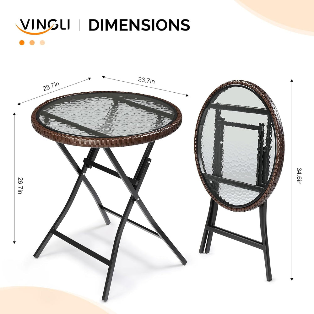 VINGLI 23.6in Modern Brown Rattan Folding Glass Outdoor Side Table, Small Pat...