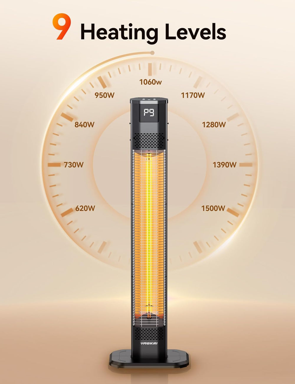 VAGKRI 42" 1500W Electric Outdoor Infrared Heater with Remote, 9 Heat Le...