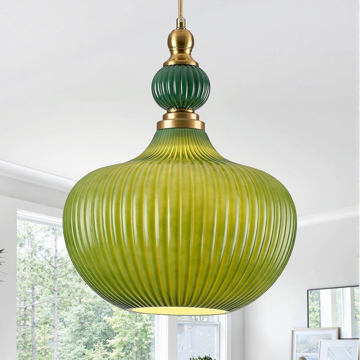 Green Milk Glass Pendant Light, Vintage Brass Ribbed Glass Light Fixture