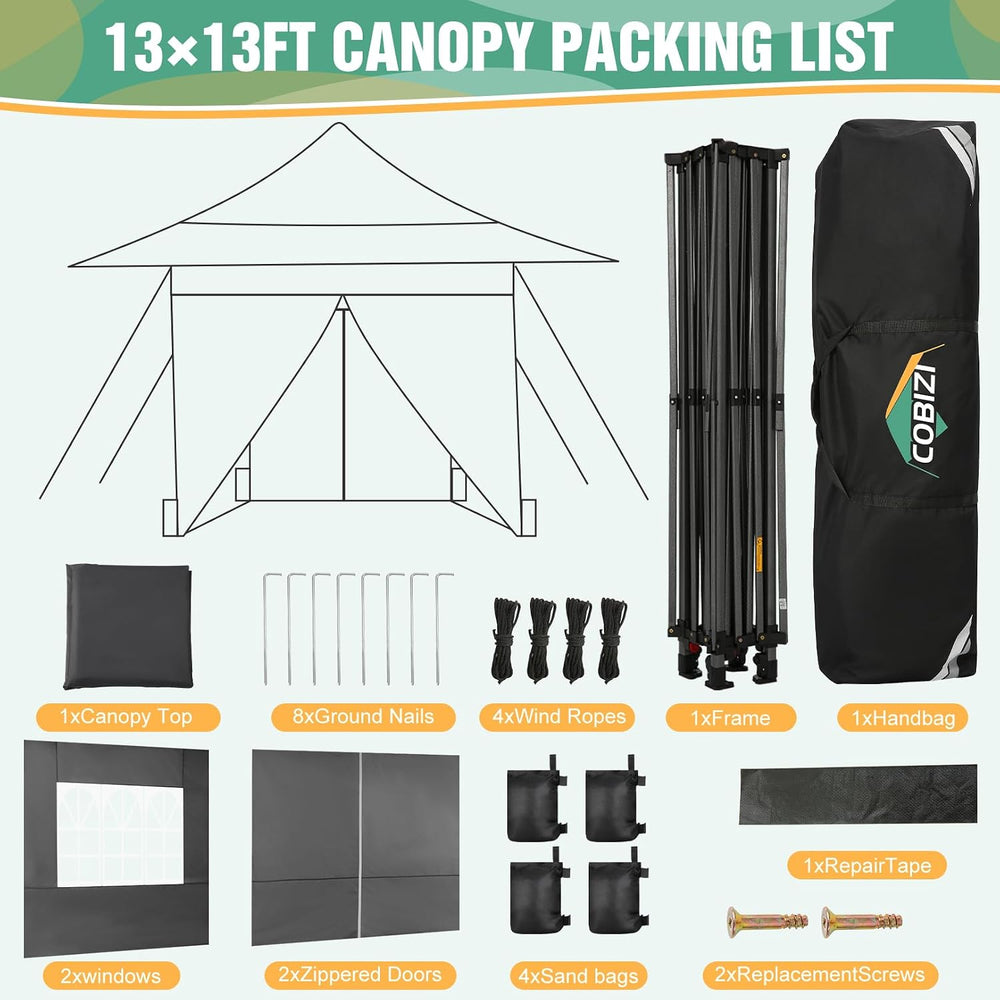 COBIZI 13x13 Heavy Duty Pop Up Canopy with 4 Walls, Commercial Outdoor Tent