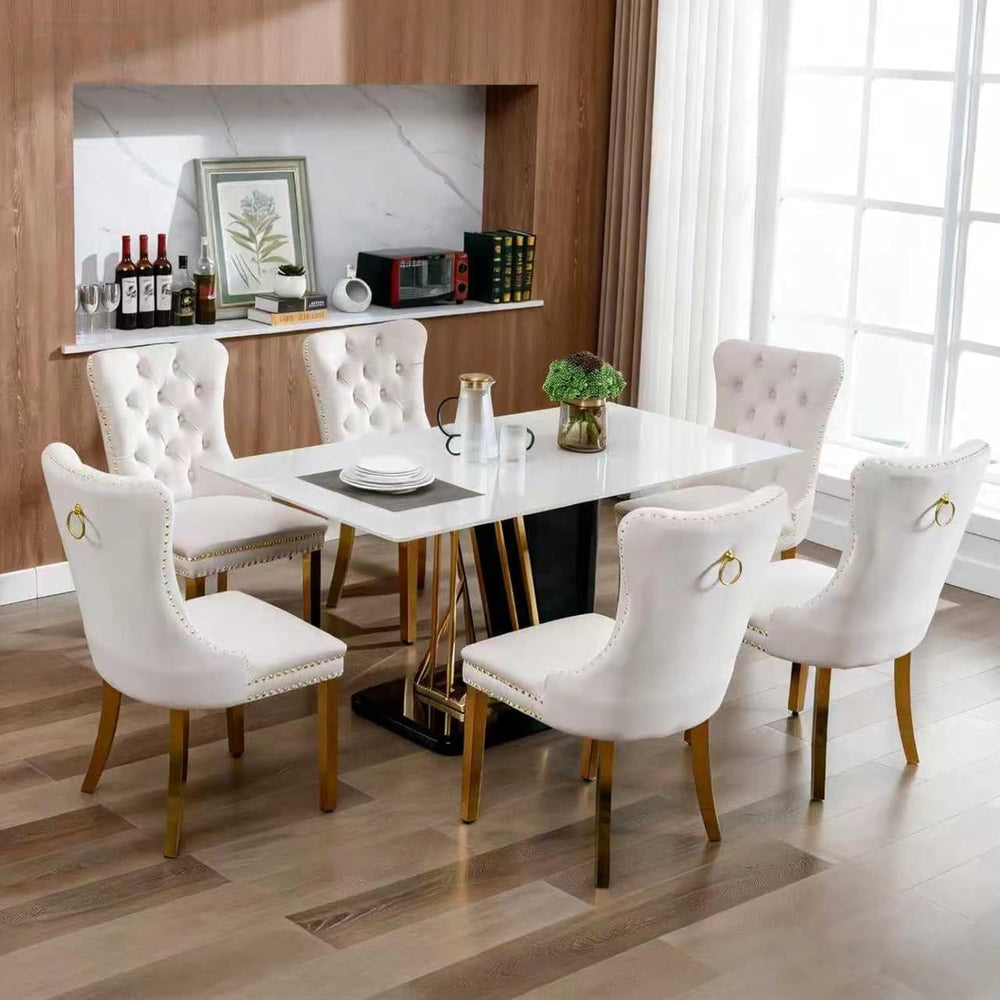 Mid Century Modern Dining Chairs Set of 6, Beige Velvet Upholstered Tufted Ba...