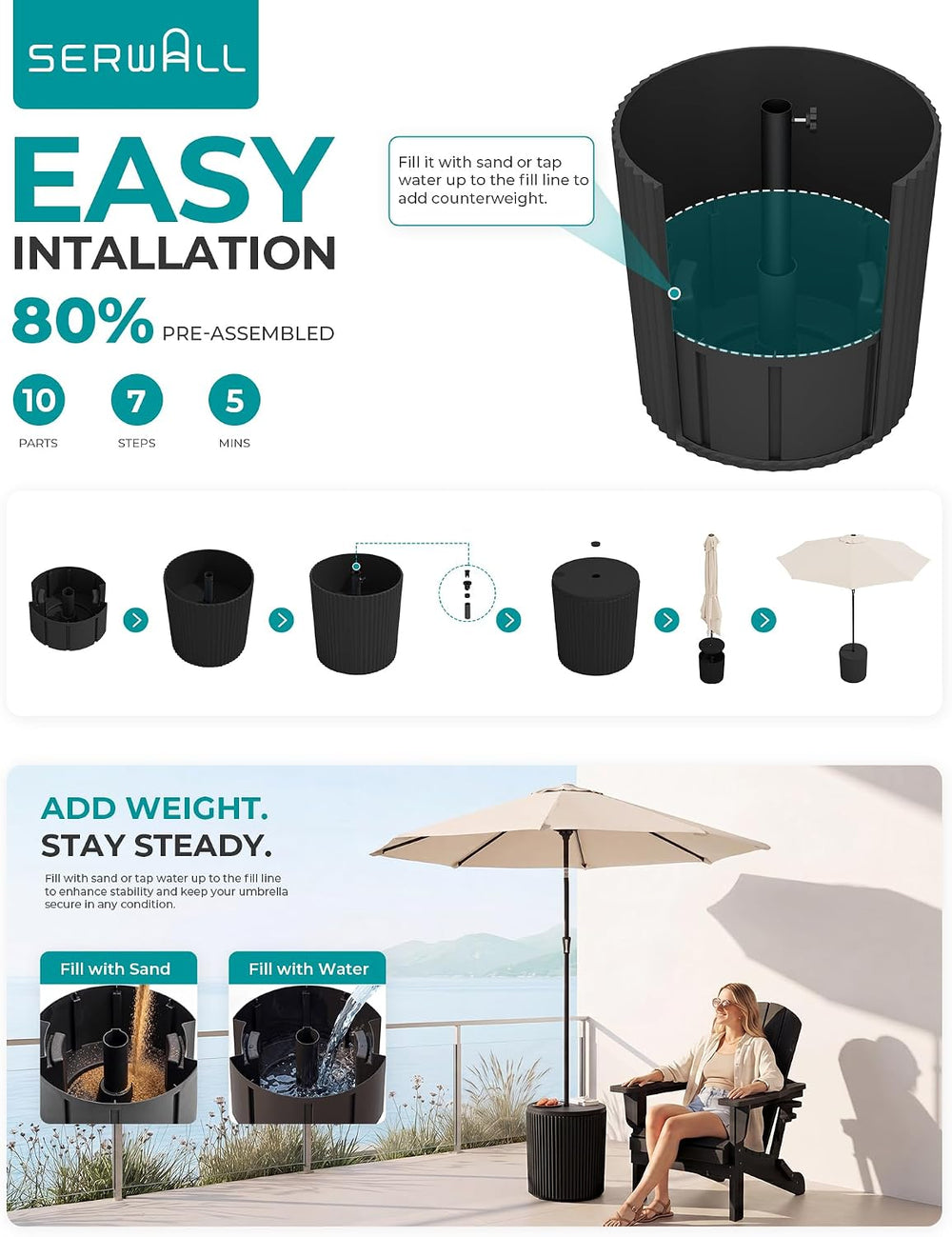 SERWALL Outdoor Round Umbrella Side Table,3-in-1 Multi-Functional Use,Black