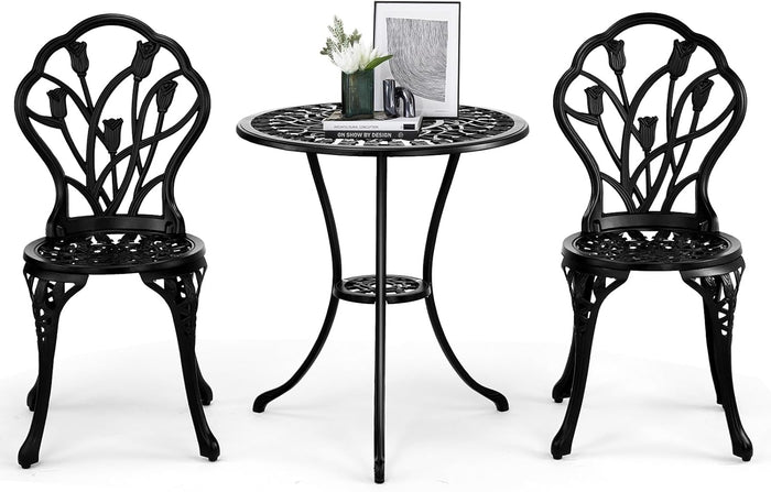 VINGLI 3 PCS Outdoor Bistro Set, Outdoor Patio Set, All-Weather Cast Aluminum Bistro Table Set, Bistro Table and Chairs Set of 2 for Backyard, Garden, Balcony (Black, Tulip)
