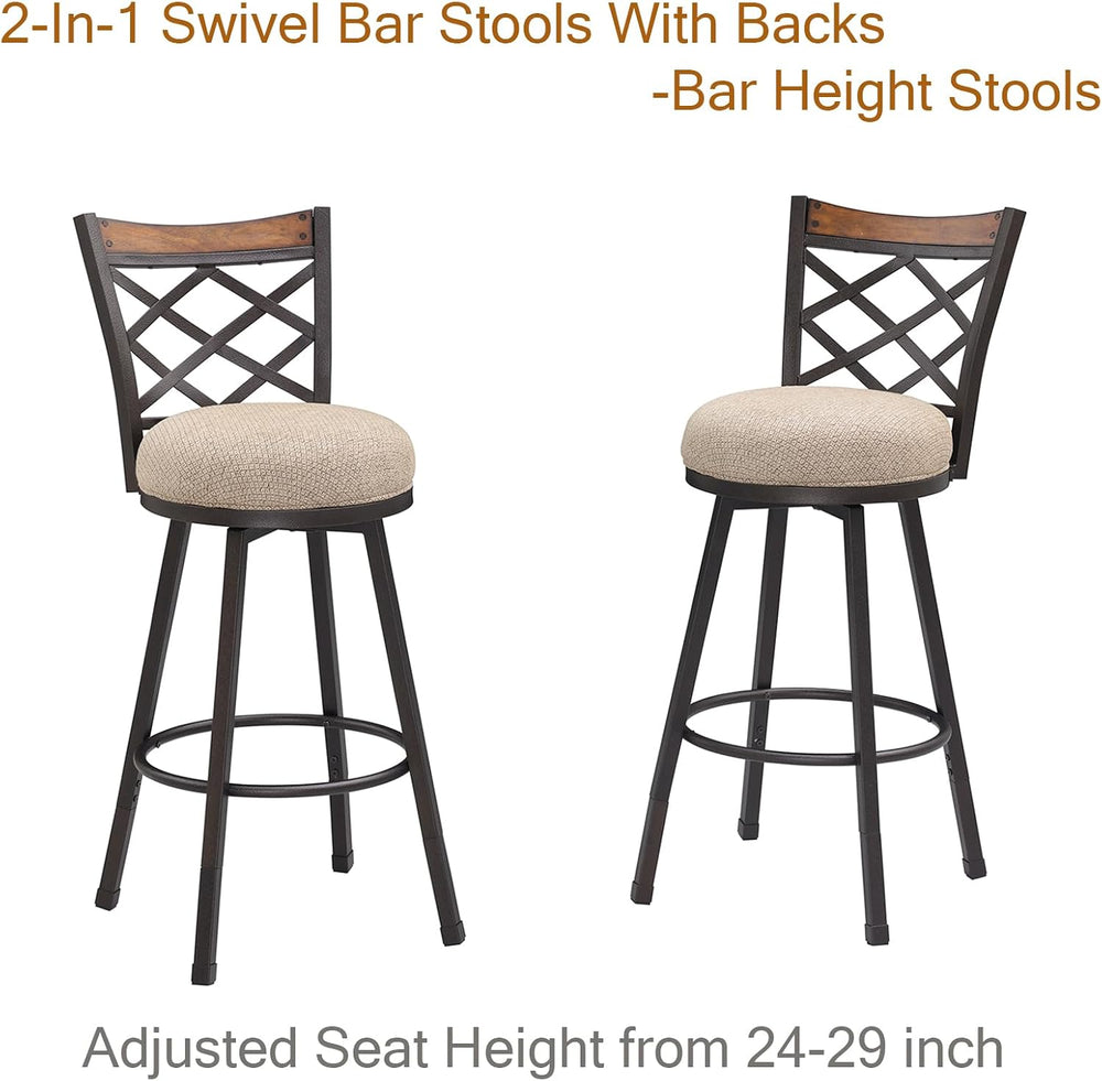 KORZEY Swivel Bar Stools Set of 2, 25/30 Inch Adjustable Beige Fabric Bar Cha...