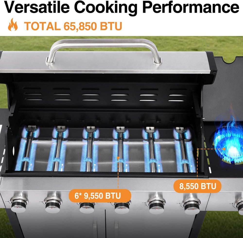 6 Burner Propane Gas Grill with Side Burner, Cast Iron Grates & Griddle C...