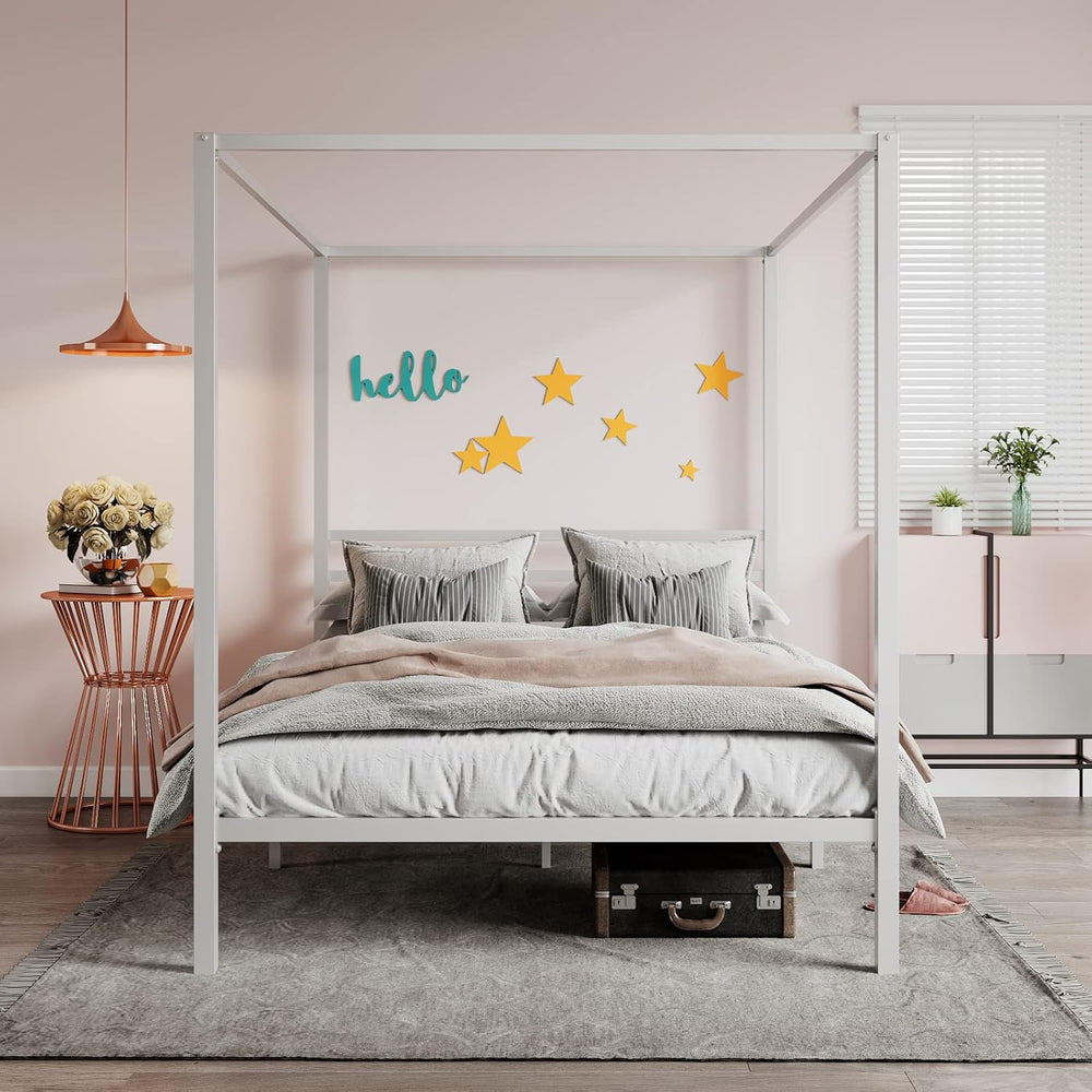SHA CERLIN Queen Size Canopy Bed Frame with Heavy Duty Metal Slats, White