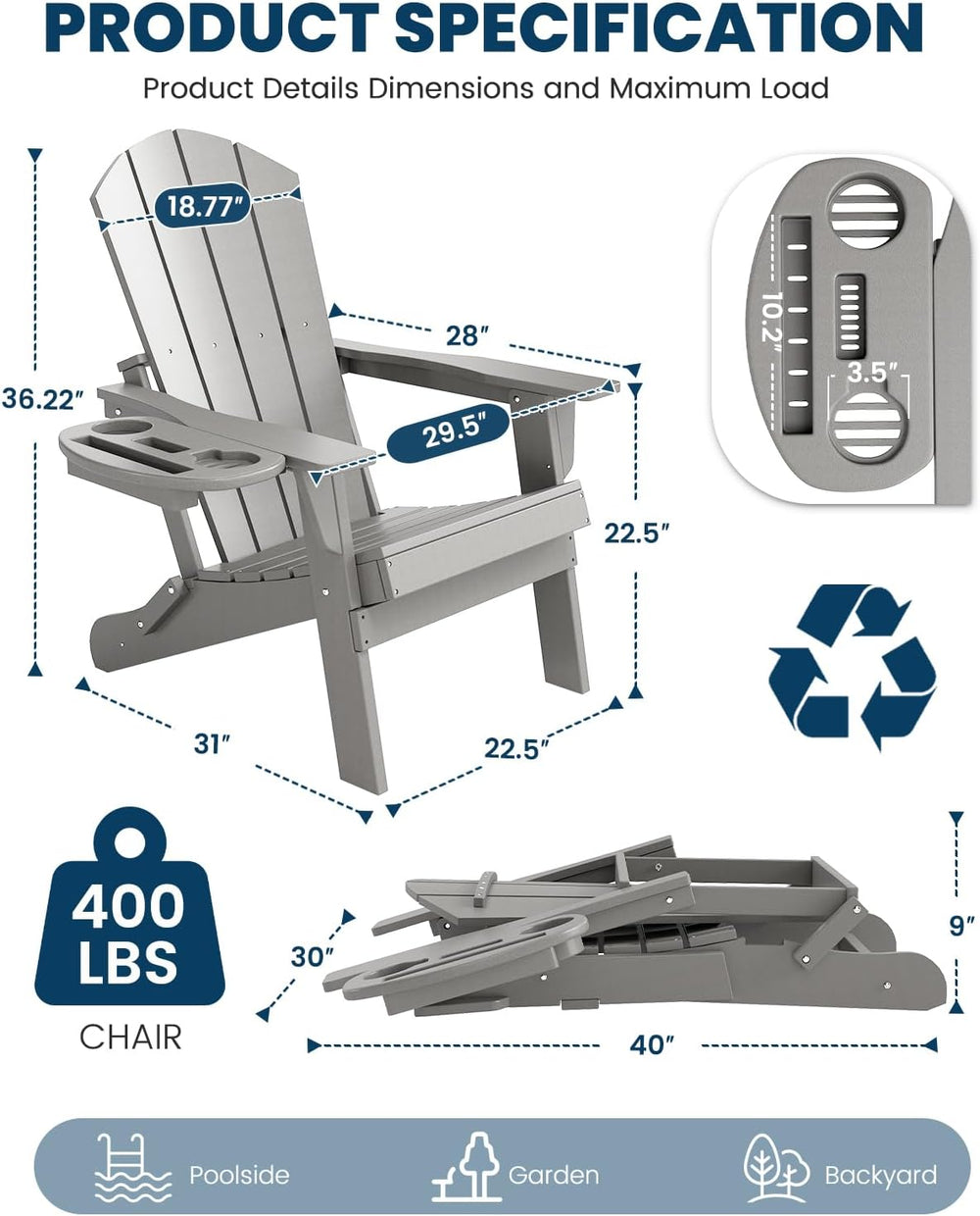 Folding Adirondack Chair Set of 2 with 4-in-1 Cup Holder,Fire Pit Chair