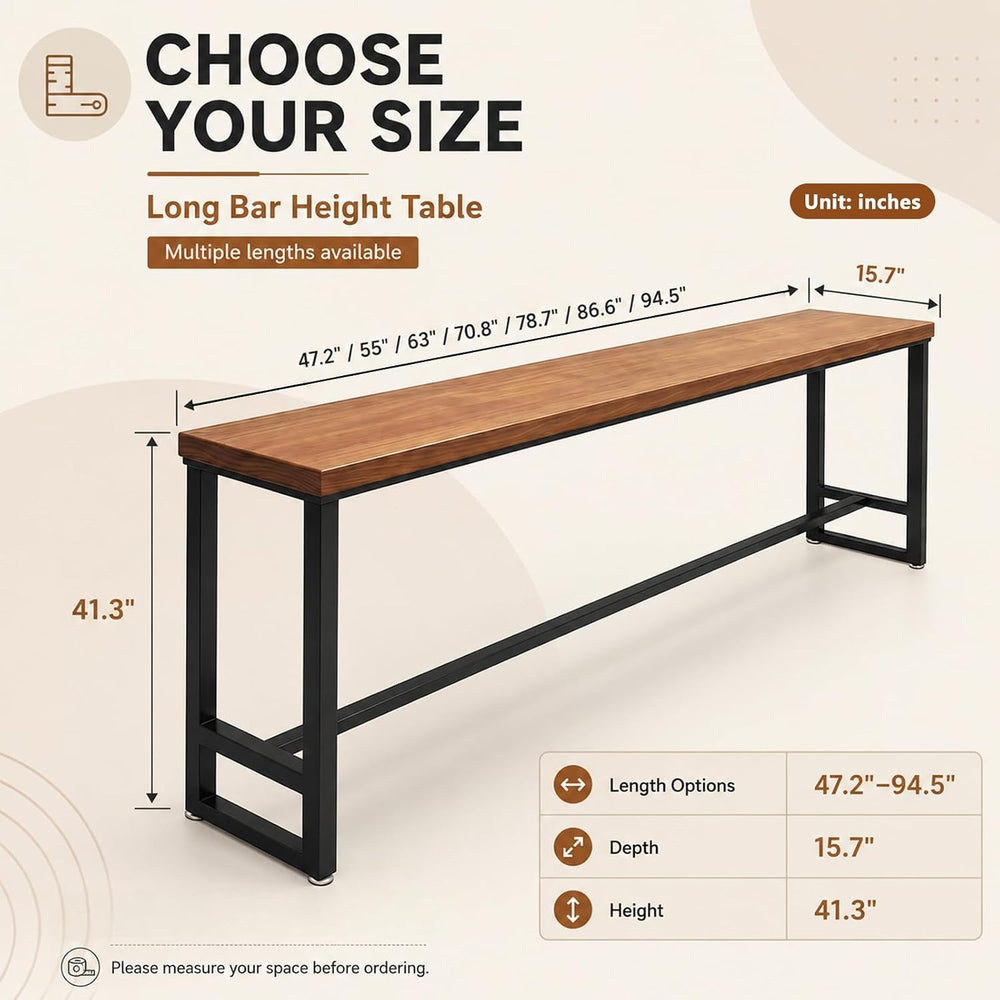 94.5" Solid Wood Bar Height Table, Long Narrow High Top Pub Table
