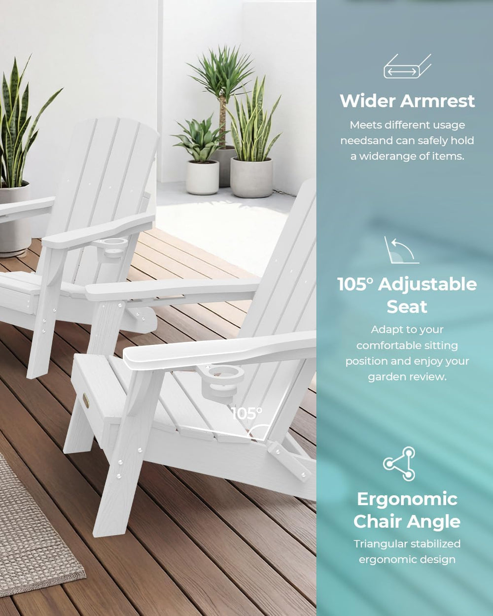 Folding Adirondack Chair, HDPE, 2 Cup Holders, White