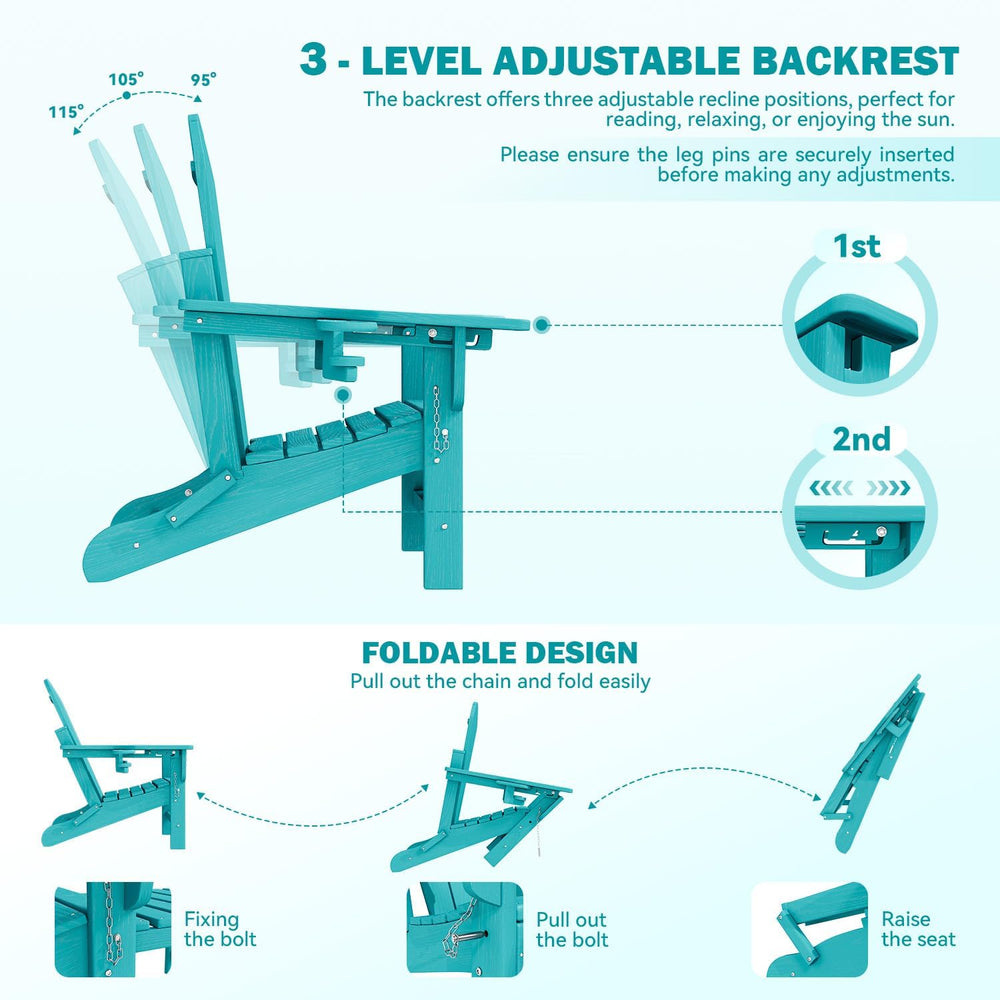 Mdeam HDPE Folding Adirondack Chairs Set of 2, 3-Level 400 lbs, Aruba Blue