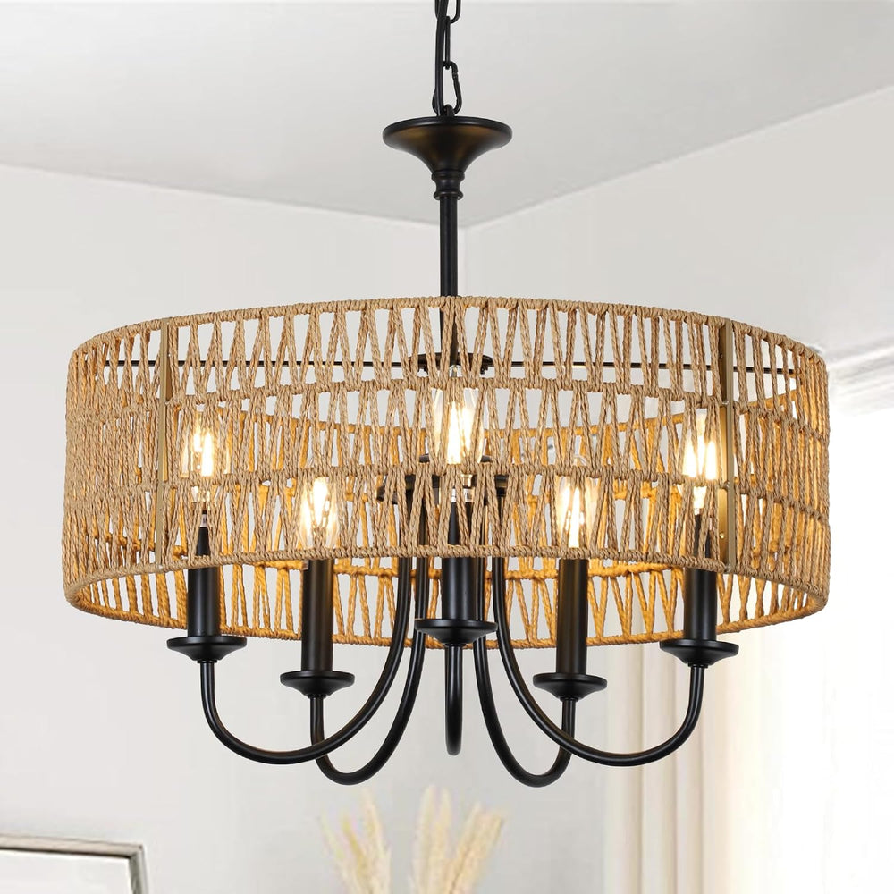 LAMSU Modern Farmhouse Chandelier Light Fixtures, 5-Lights Large Rattan Penda...