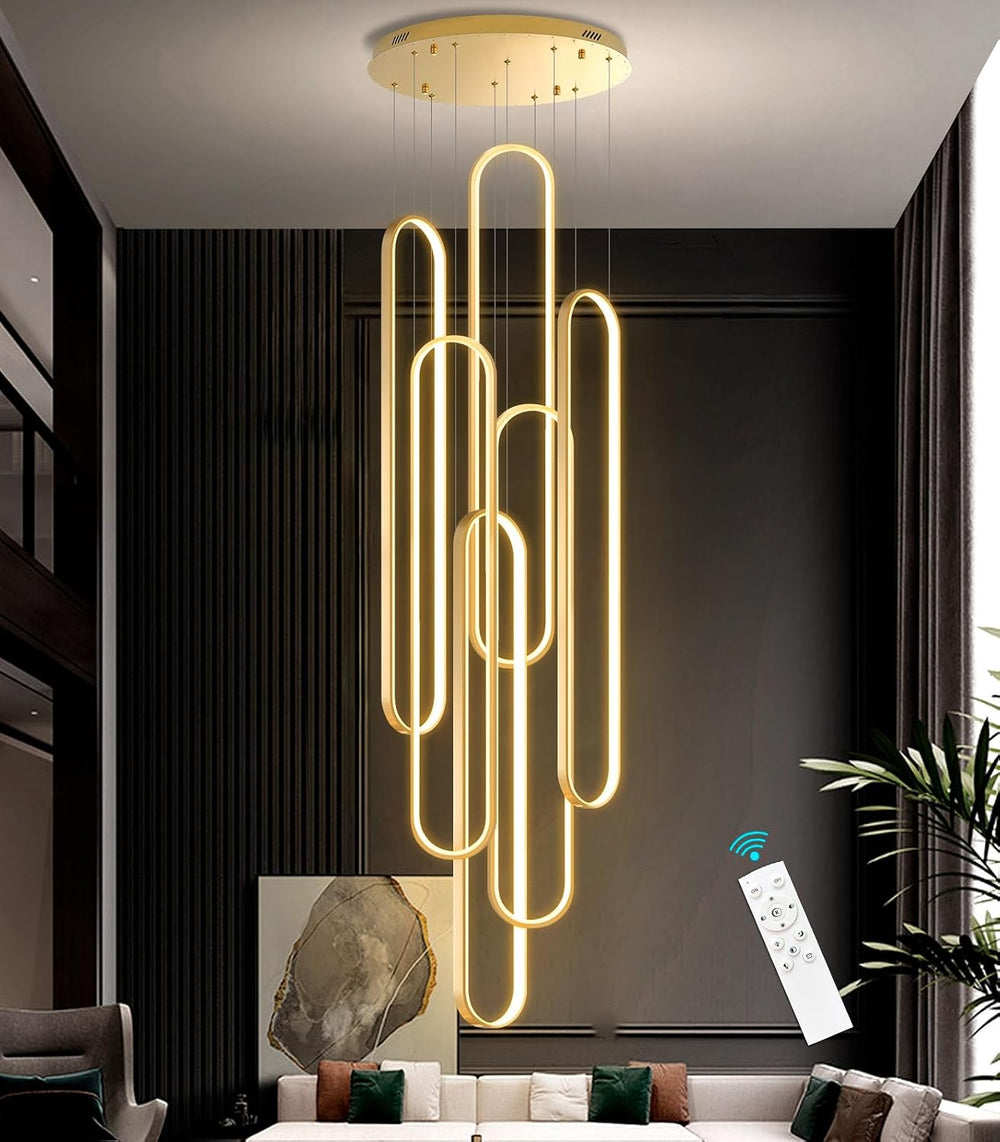 6-Rings Modern Chandelier, LED Gold Large Contemporary Light for Staircase, D...