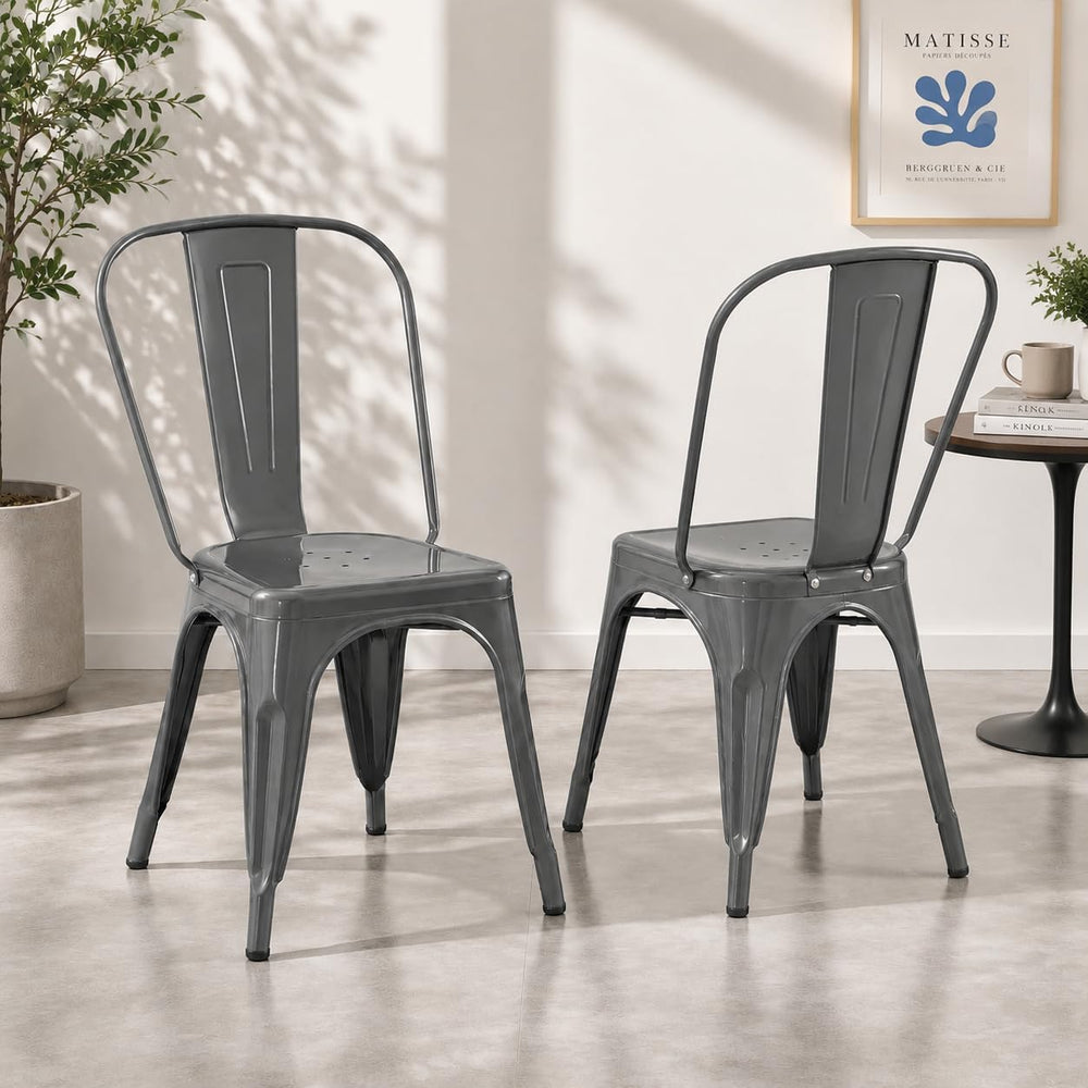 Gray Stackable Metal Dining Chairs, Set of 2