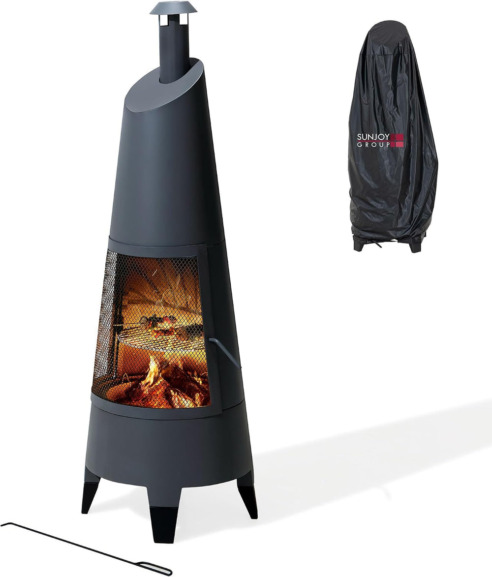SUNJOY 57 Inch 2-in-1 Chiminea Fire Pit & Grill - Grey Metal Outdoor Chim...