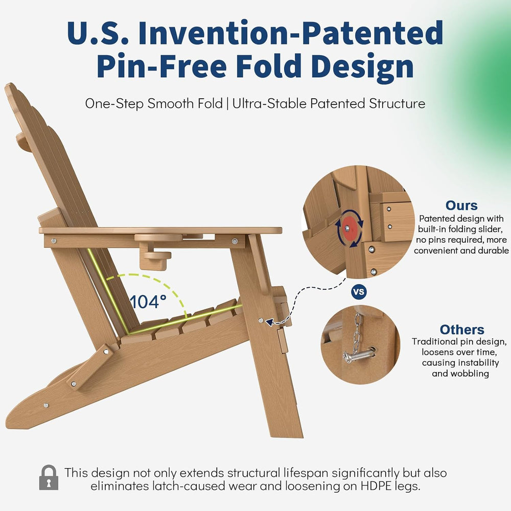 Plawdlik Oversized Folding Adirondack Chair, HDPE All-Weather Patio Chair wit...