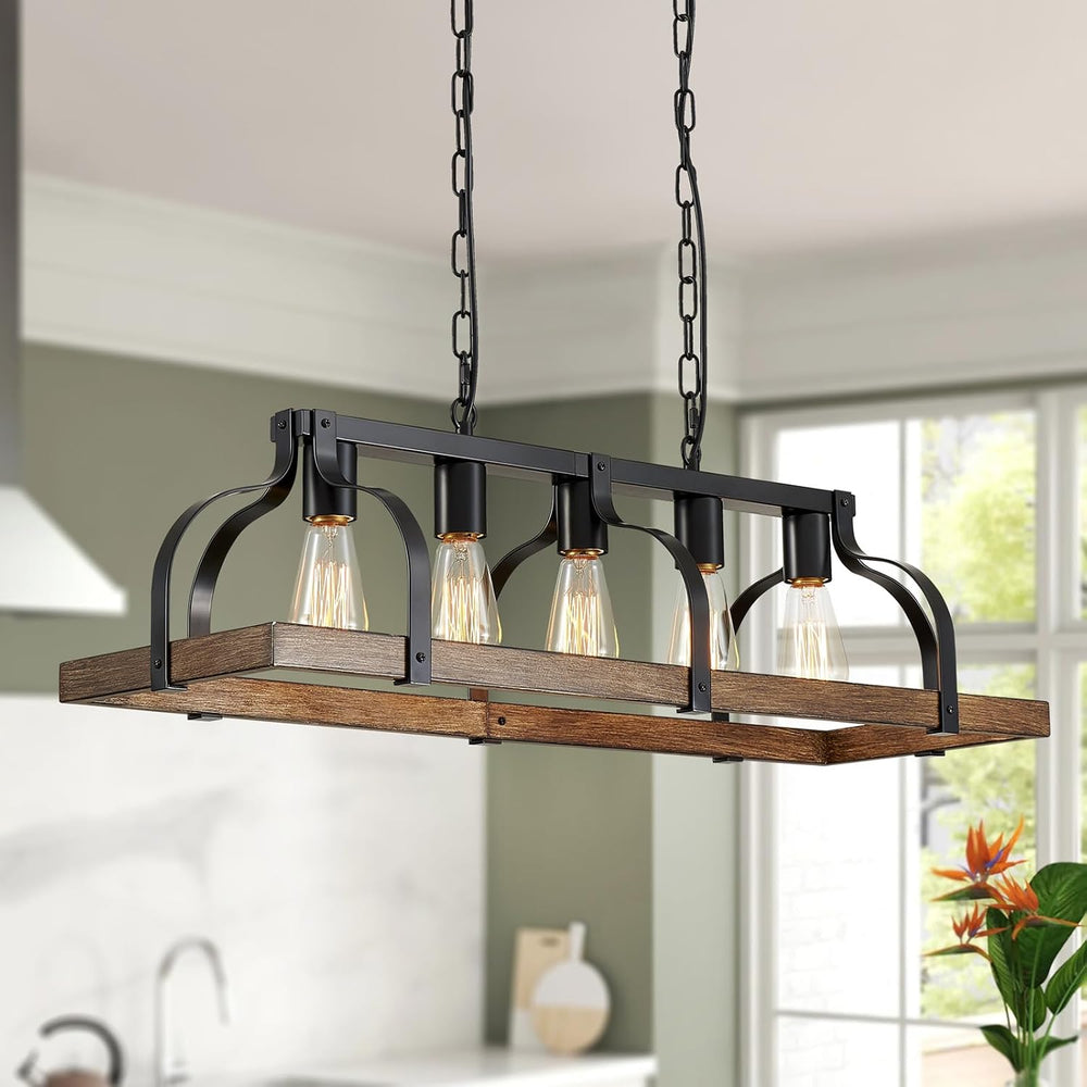 WUZUPS 5-Light Metal Chandelier Imitation Wood Grain Linear Pendant Ceiling L...
