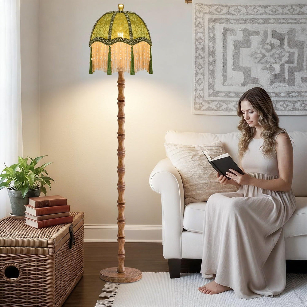 ZECOXOL Wood Floor Lamps for Living Room Boho Rustic Floor Lamp with Remote C...