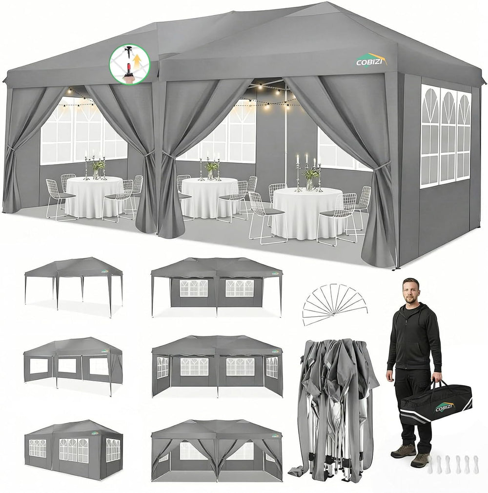 COBIZI 10x20 Pop Up Canopy with 6 Sidewalls, One Push Easy Setup, Gray