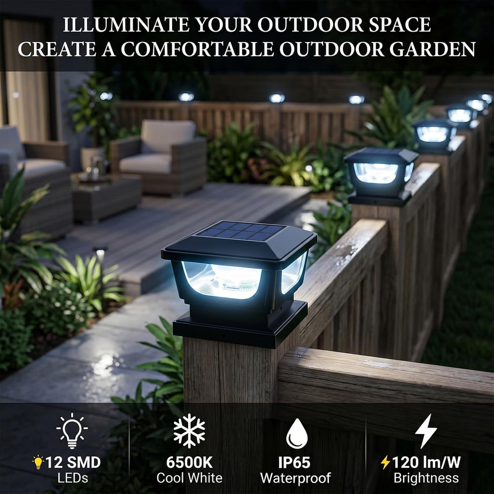 Solar Post Cap Lights 6 Pack, IP65 Waterproof 120LM 6500K Cool White Black