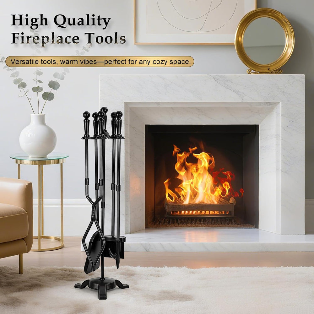 FEED GARDEN 5 Pieces Fireplace Tool Set with Stand,Wrought Iron,29.5” Black