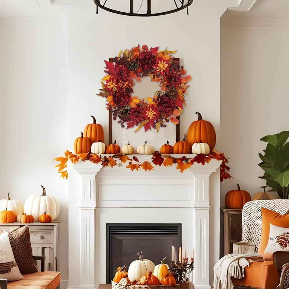 24" Artificial Fall Floral Wreath for Front Door Autumn Wreath with Peon...