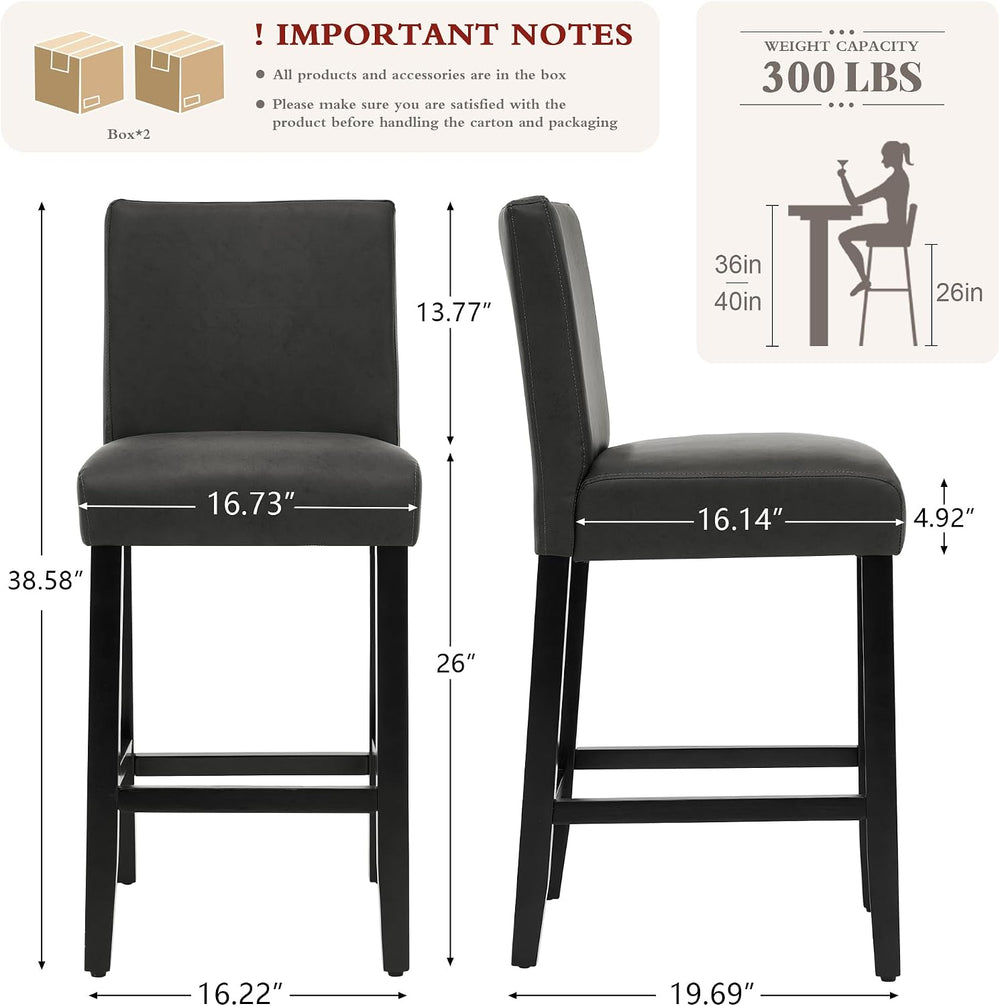Bar Stools Set of 2, 26'' Counter Height Bar Stools, Black