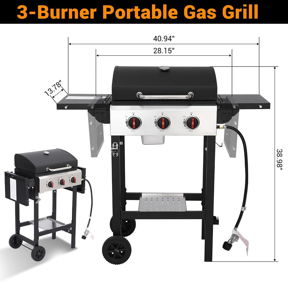 3-Burner Propane Gas Grill with Folding Side Tables