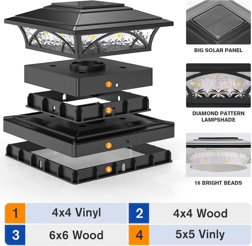 APONUO Solar Post Cap Lights 16 Pack - 4x4 5x5 6x6 Fence Post Lights, Auto On...