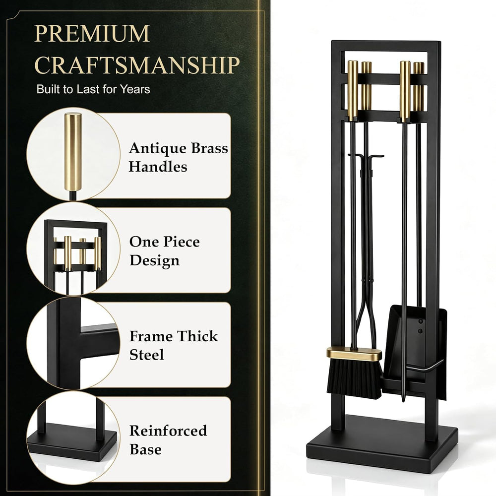 FEED GARDEN 5-Piece Fireplace Tool Set, 30" One-Piece Stand, Antique Brass