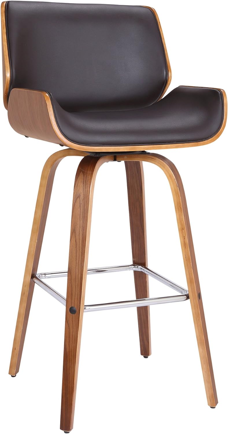 Armen Living Tyler 30" Bar Height Swivel Brown Faux Leather and Walnut W...