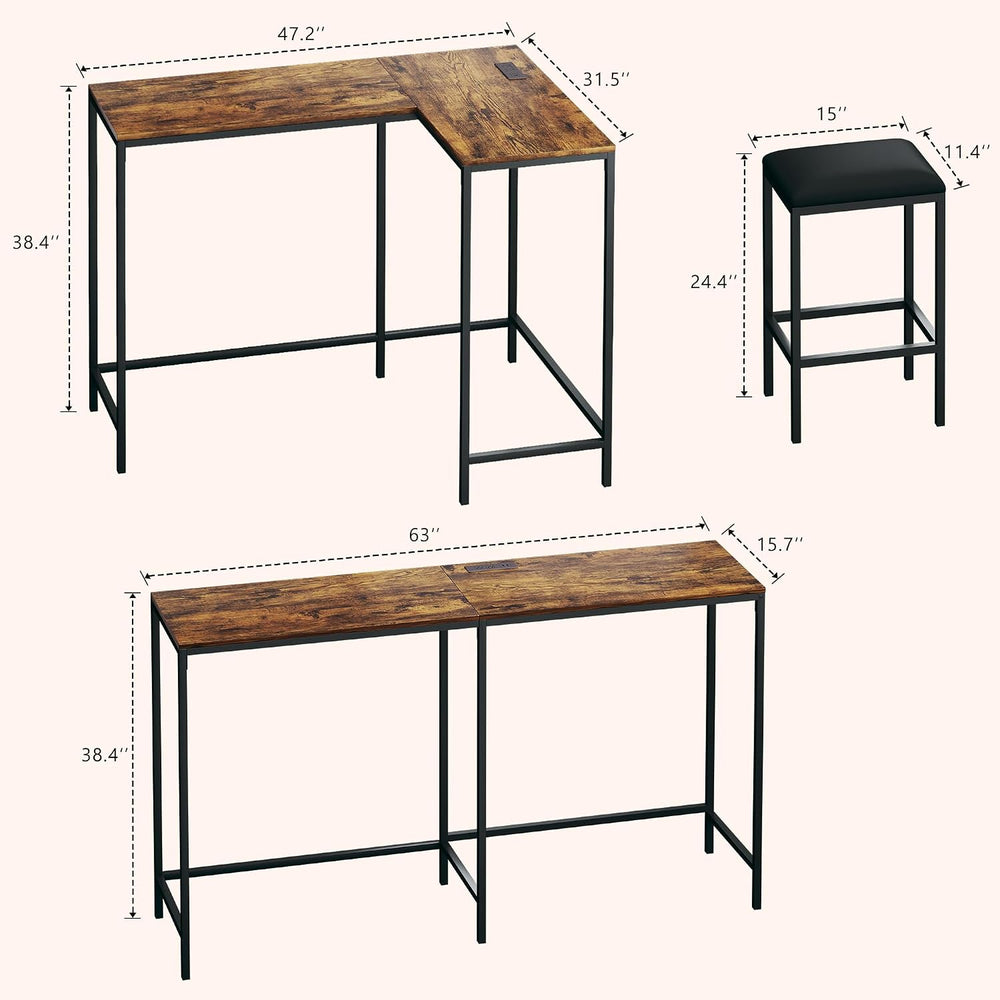 L Shaped Bar Table with Stools, 63‘’ Bar Height Table with Power Outlets, Con...