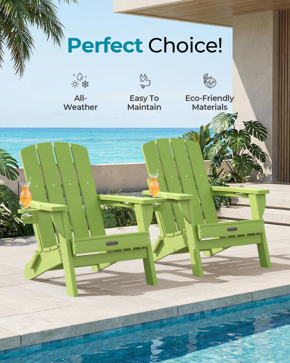 Folding Adirondack Chairs Set of 4, HDPE, 2 Cup Holders, Lime