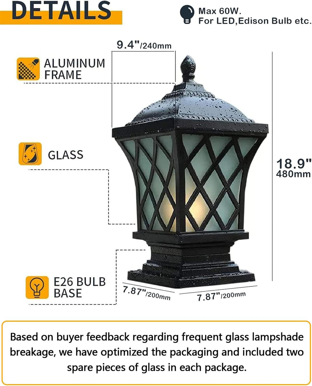 Large Post Lights Outdoor, 18.9″ H Aluminum Column Lights Waterproof, Hard Wi...