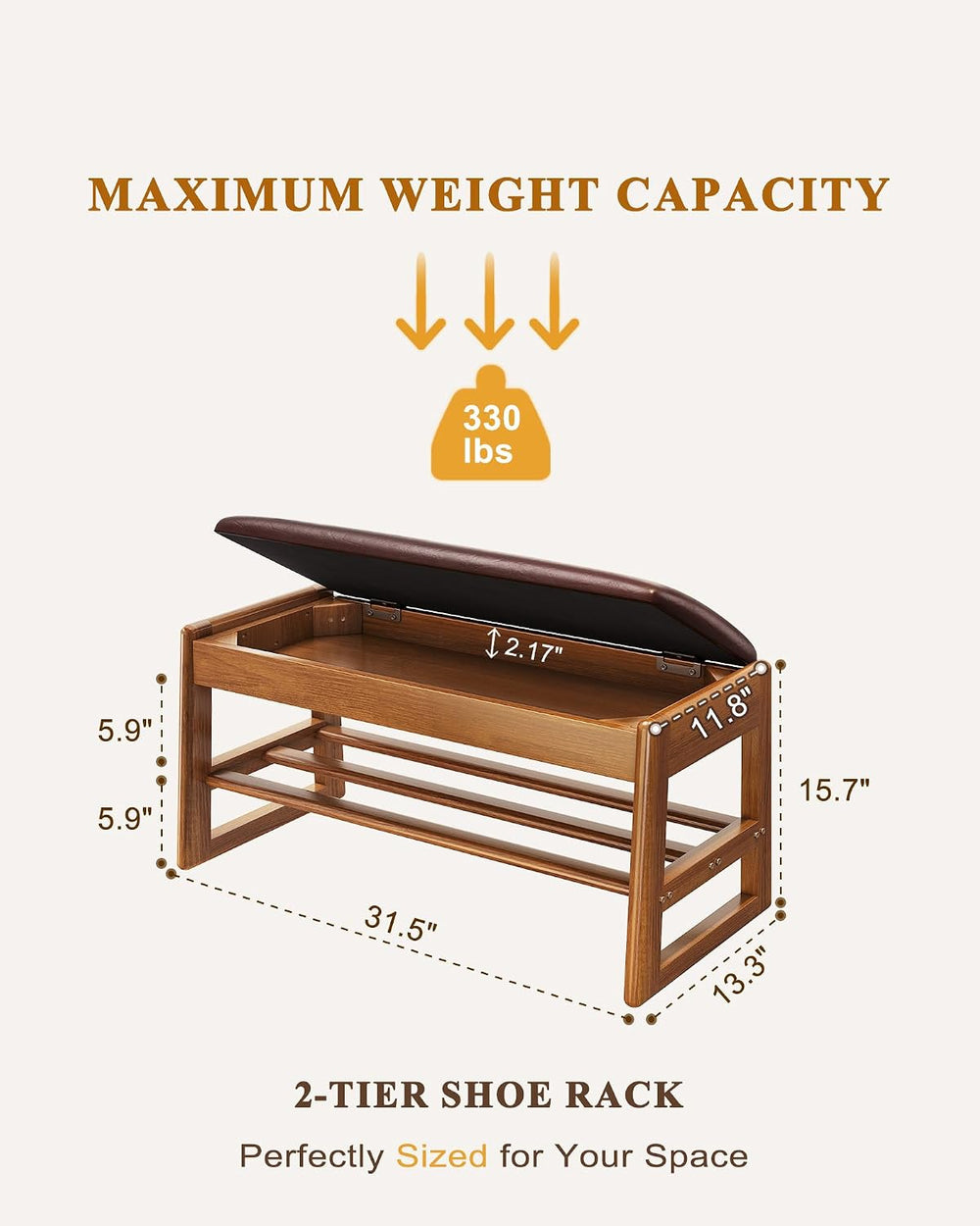 Shoe Rack Bench with Hidden Storage, 2-Tier Solid Rubberwood Entryway Bench w...