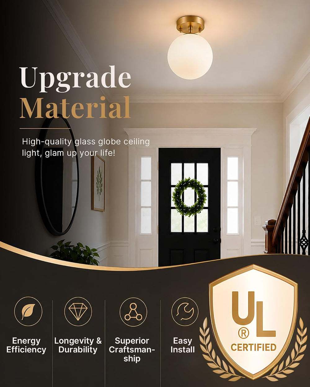 Majade Semi Flush Mount Ceiling Light 6" Globe Gold Modern Light Fixture