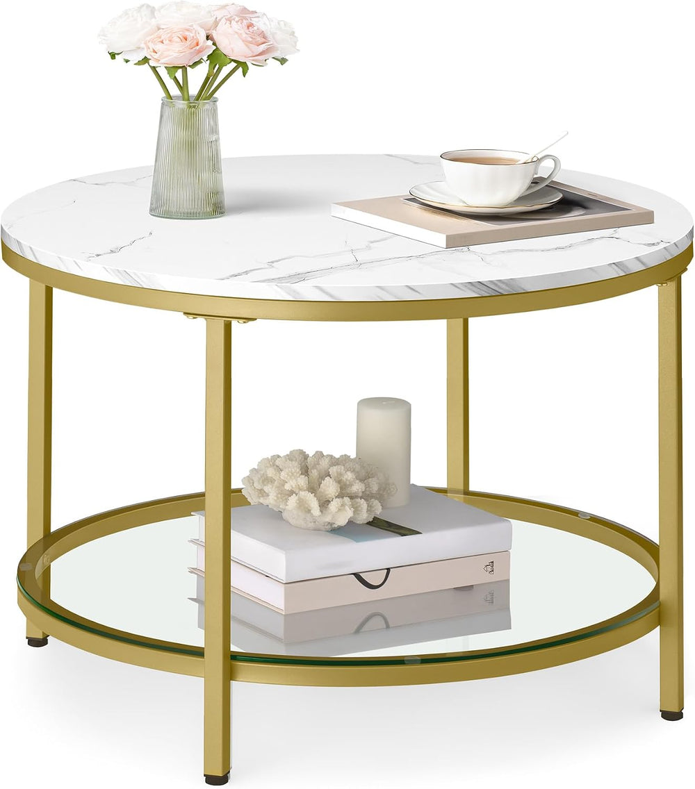 VASAGLE Round Coffee Table, 2-Tier, Faux Marble Top, Glass Storage Shelf