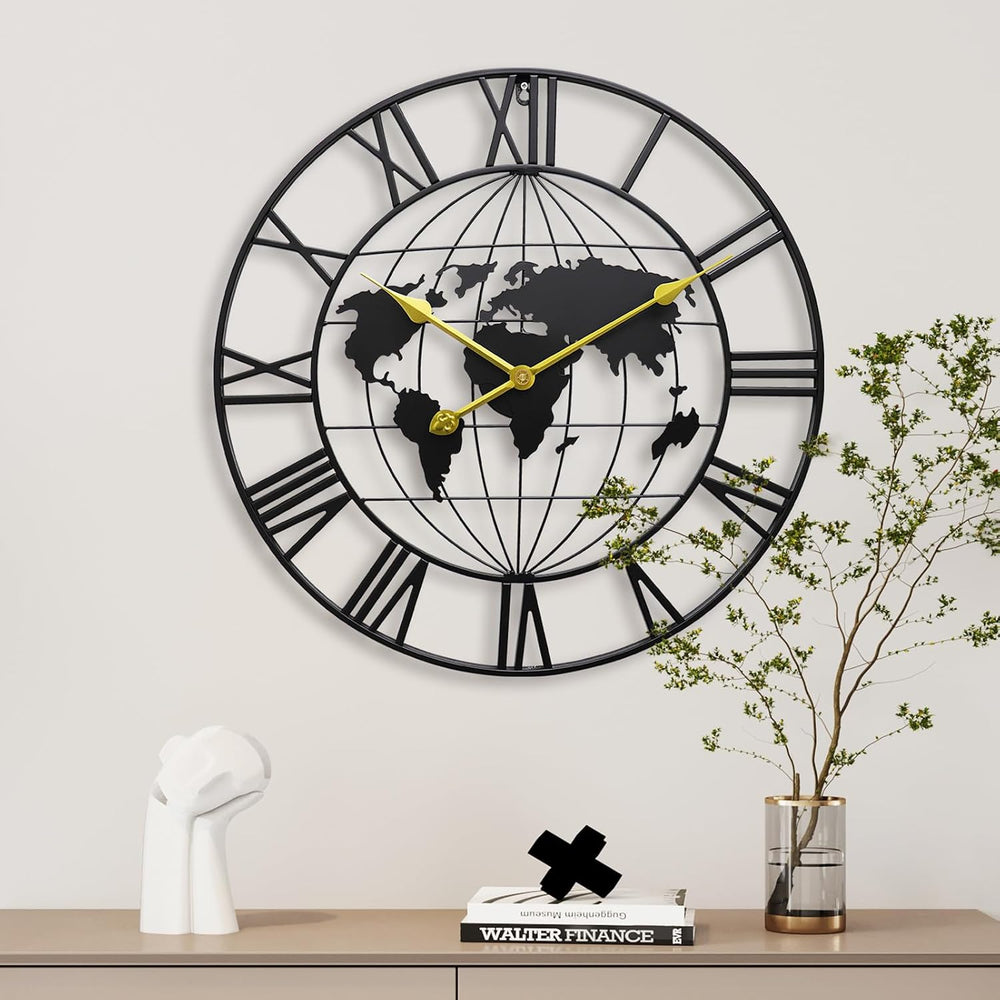 Large World Map Wall Clock,Metal Minimalist Decorative Modern Clock